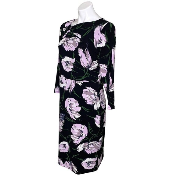 Ann Taylor Factory Floral Print Black & Lilac Dress 3/4 Sleeves Size 10 - Picture 7 of 9